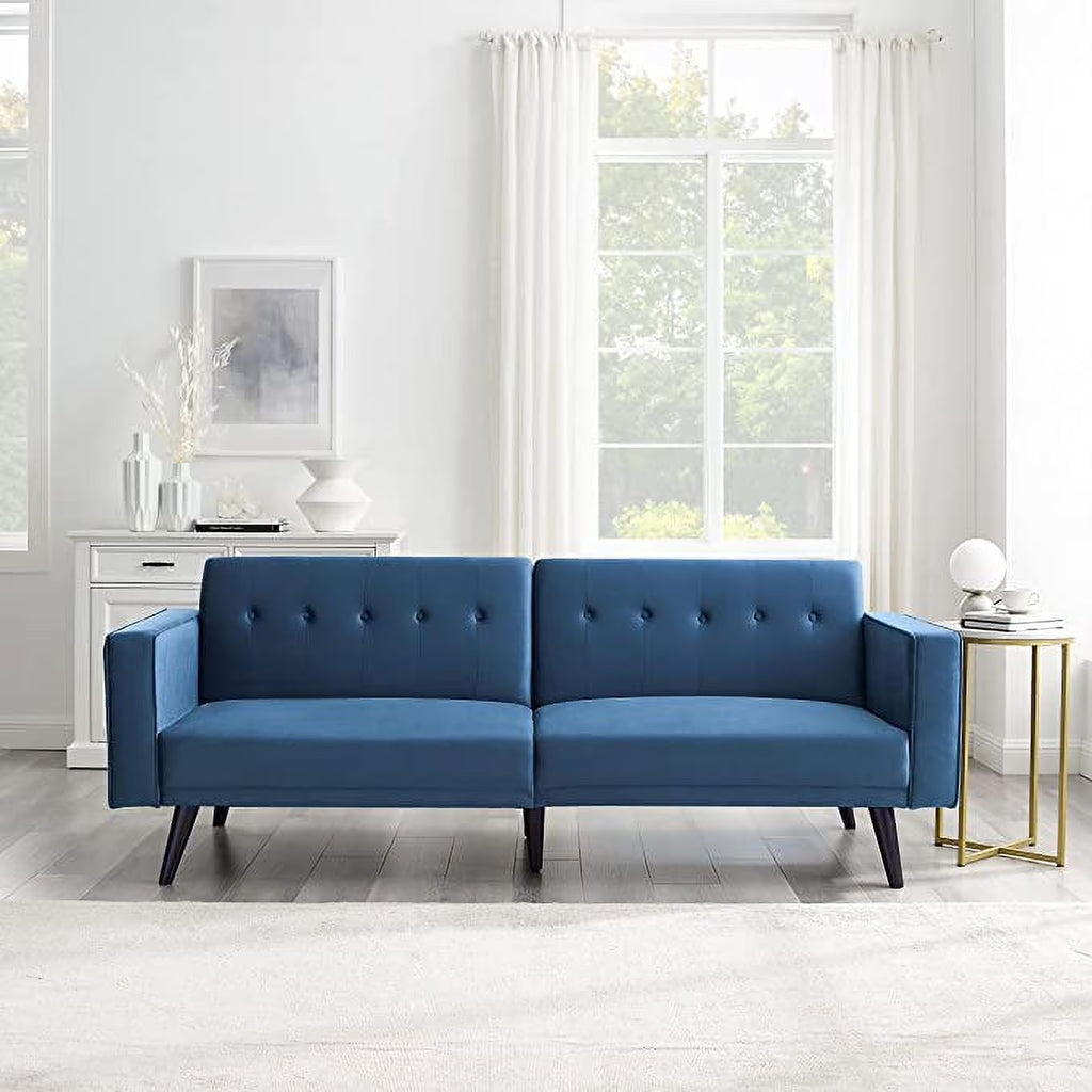 Deep Blue Velvet Futon Sofa Bed with Tapered Legs X58987