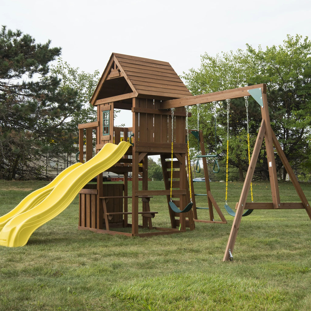 Wooden Backyard Swing Set with Two Yellow Wave Slides J4372