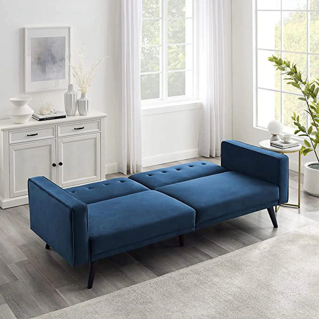 Deep Blue Velvet Futon Sofa Bed with Tapered Legs X58987