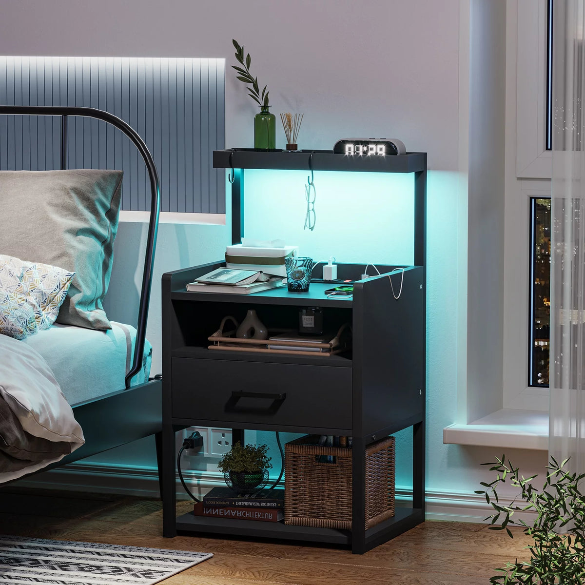 Black Set of 2 LED Nightstand with Charging Station and 1 Drawer X5541