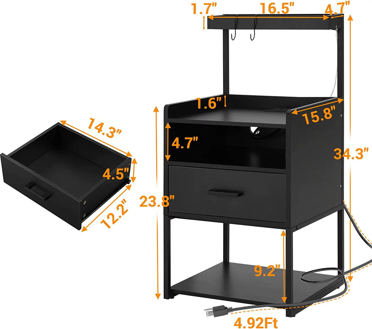 Black Set of 2 LED Nightstand with Charging Station and 1 Drawer X5541