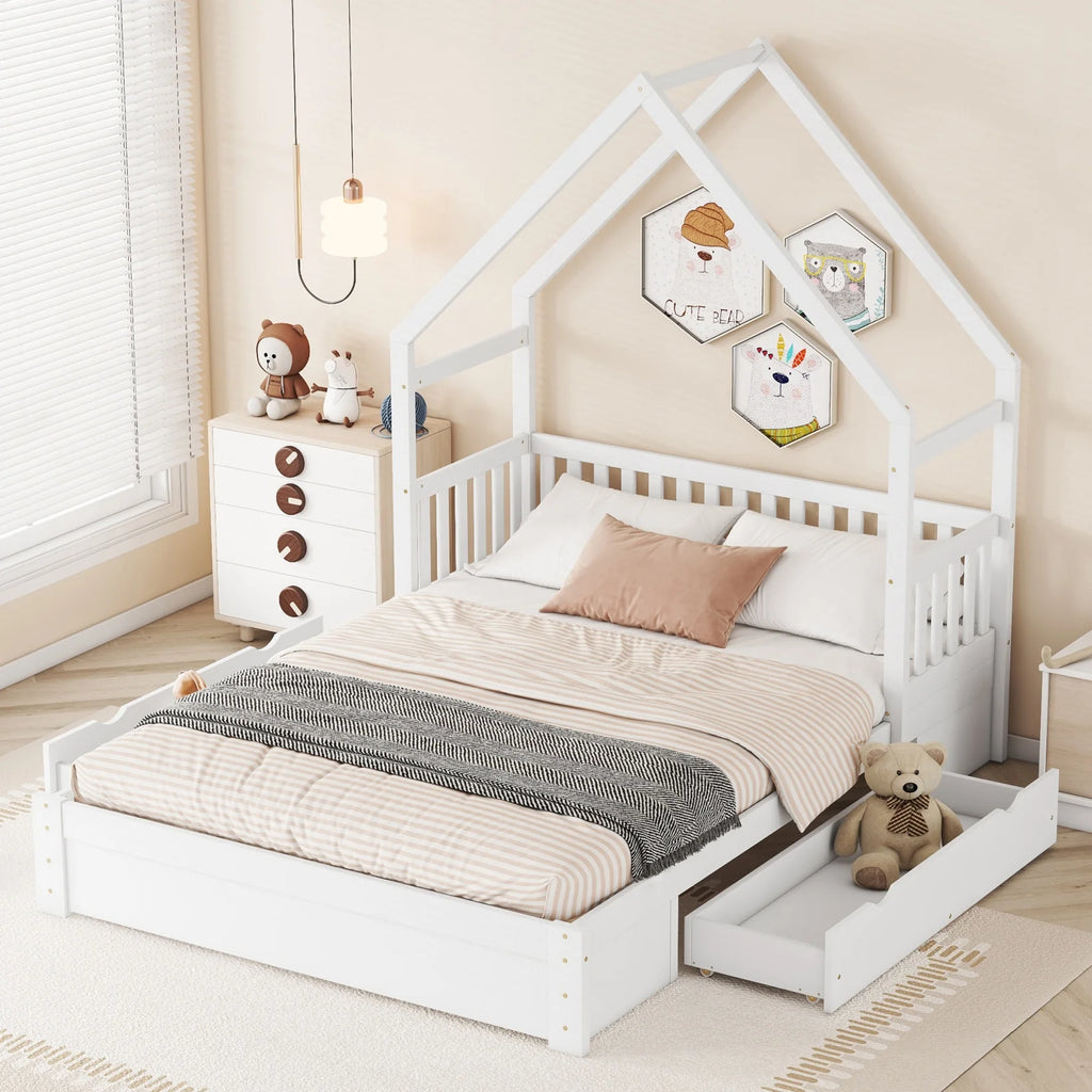 Queen Size Wood Platform Bed Frame with Guardrail and 2 Storage Drawers I327