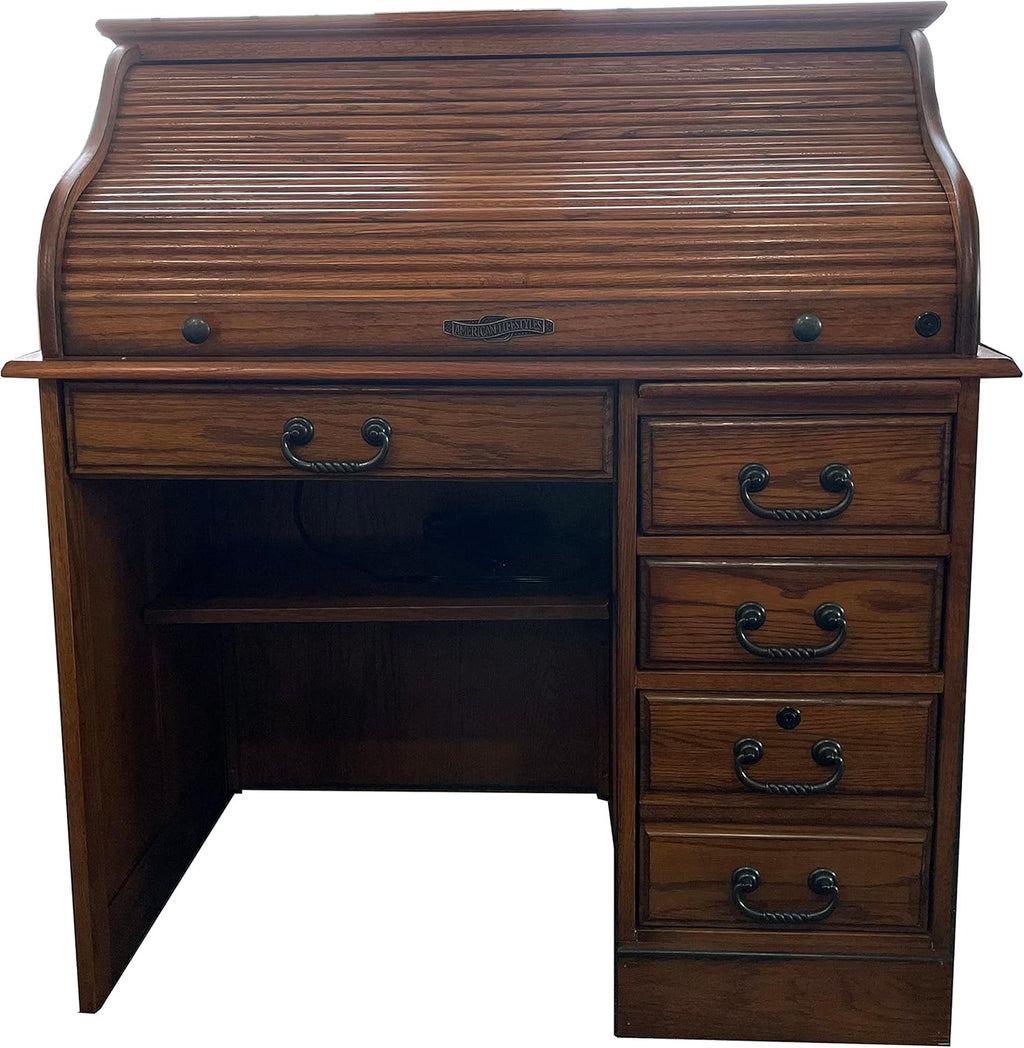 Solid Oak Wood Roll Top Desk with Locking File Drawers C642431