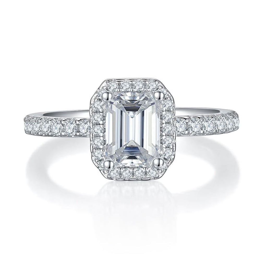 18k White Gold over Silver Emerald Cut Moissanite Engagement Ring Y3417
