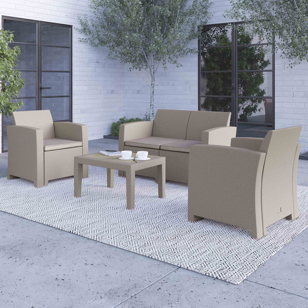 Light Gray Faux Rattan 4 Piece Patio Furniture Set with Cushions and Table E59631