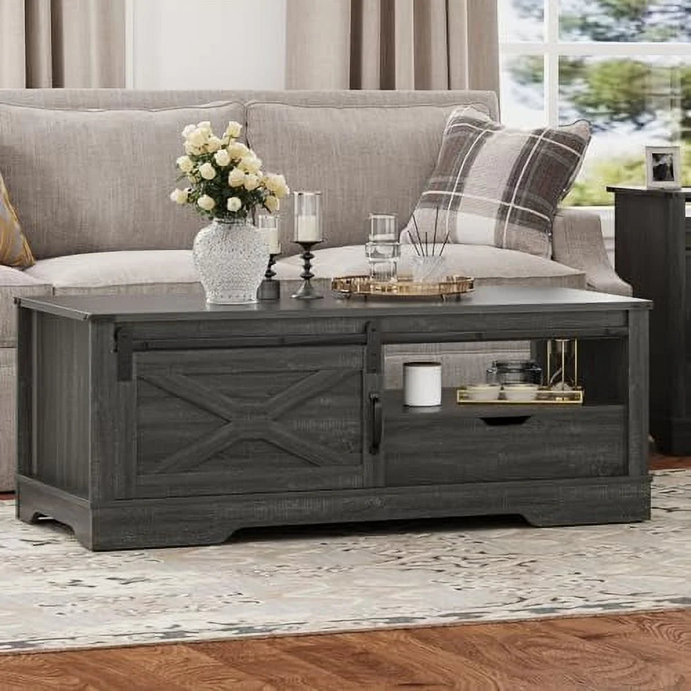 Light Grey 48'' Rustic Coffee Table with Sliding Barn Door Y14322
