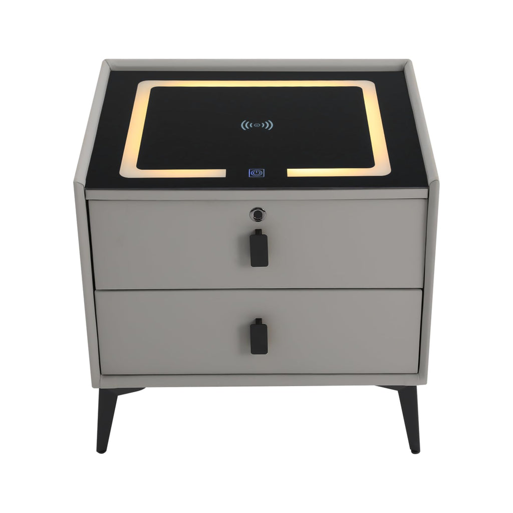 Light Gray 2 Drawer LED Nightstand with Wireless Charging X924