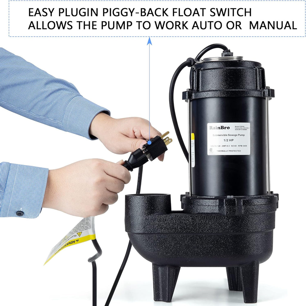 Cast iron submersible sewage pump with 10 ft. piggy back tether float switch F590