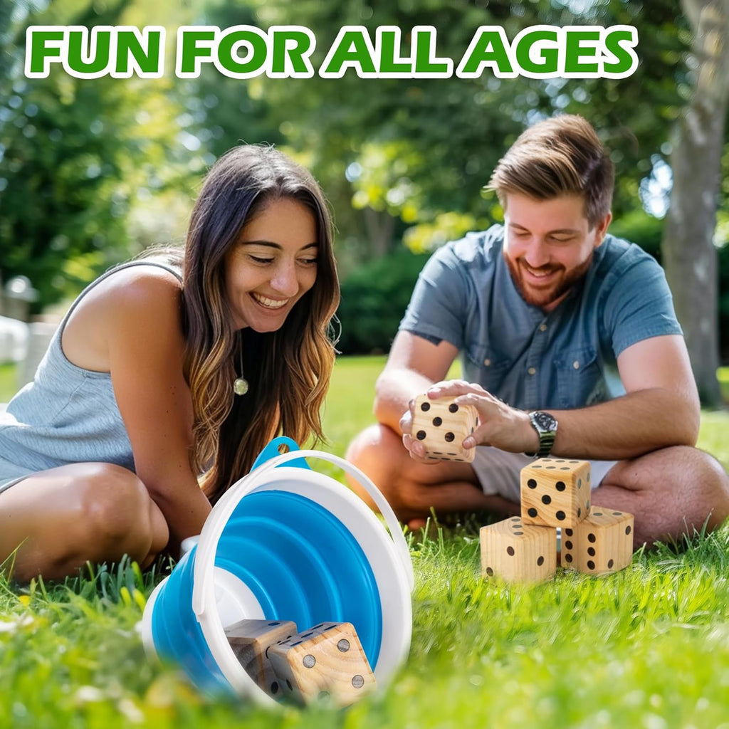 3.5" Wooden Yard Dice Set includes 6 Dice, Collapsible Bucket, Score Cards & Dry Erase Marker W274989