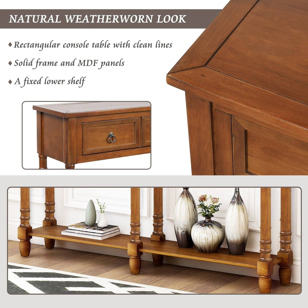 Walnut Rectangular Console Table with Drawers and Long Shelf M1209