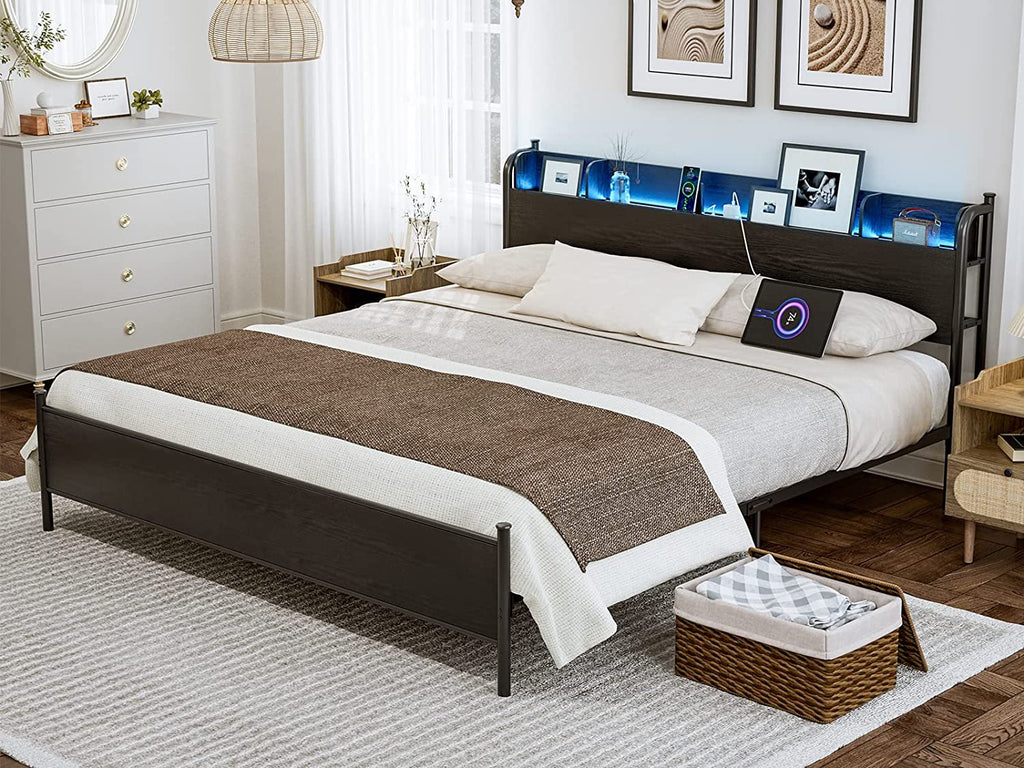California King Metal and Wood Platform Bed Frame with Storage Shelf Headboard and Charging Station C964