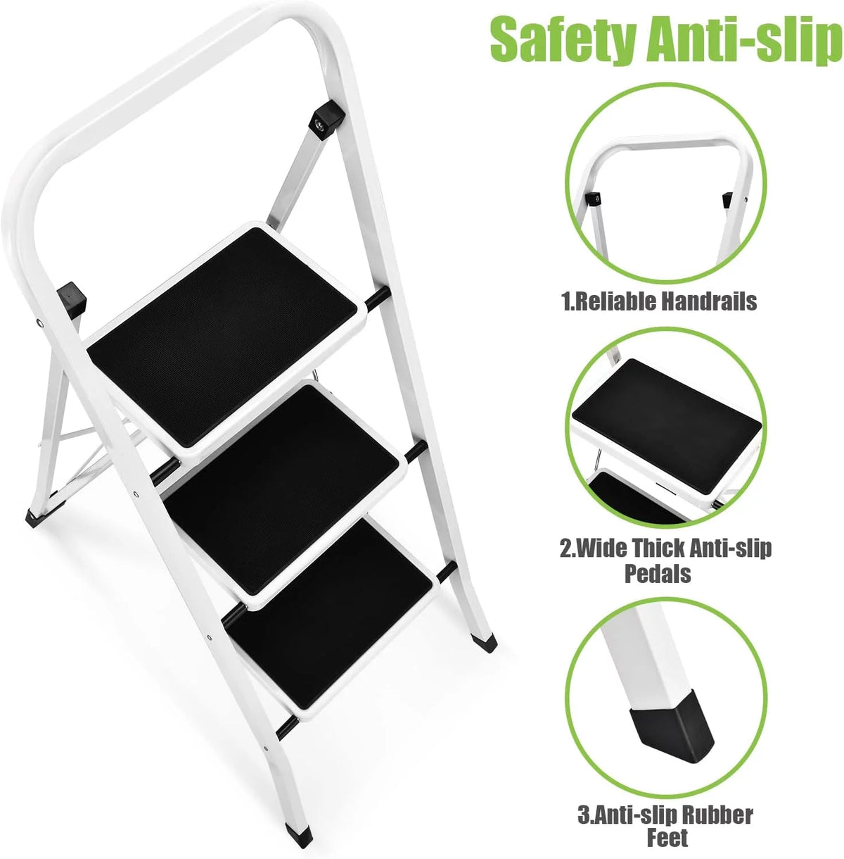 3-Step Folding Step Stool with Anti-Slip Pedal and Handrails A92410