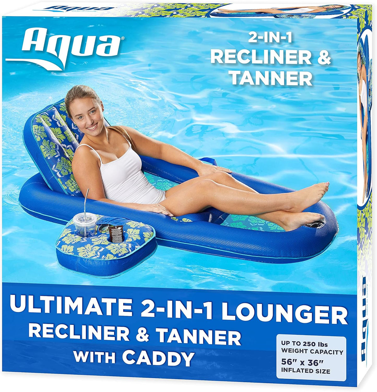 Navy Aqua White Stripe Inflatable Pool Float Lounge with Sunshade Canopy and Cupholder G505195