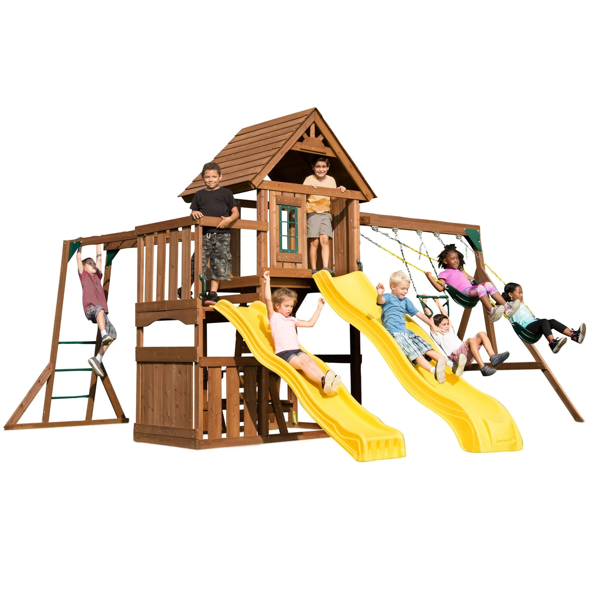 Wooden Backyard Swing Set with Two Yellow Wave Slides J4372