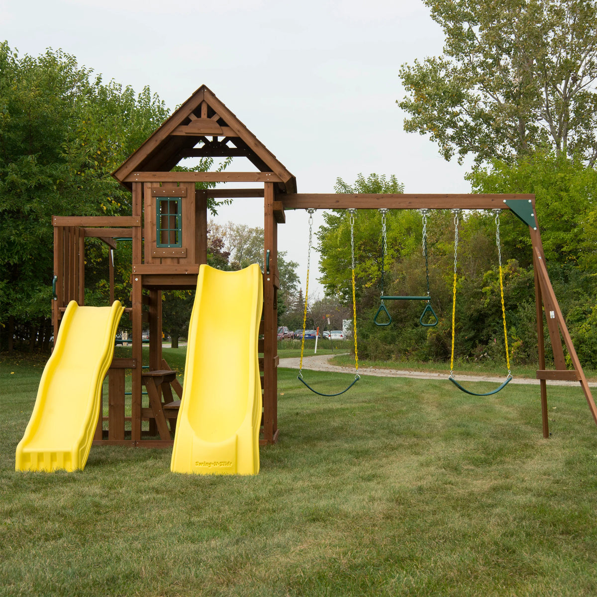 Wooden Backyard Swing Set with Two Yellow Wave Slides J4372
