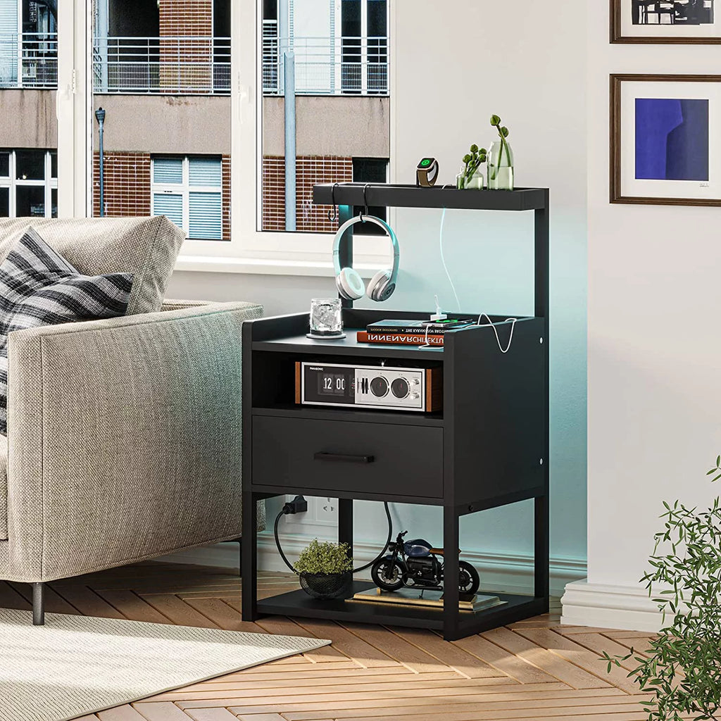 Black Set of 2 LED Nightstand with Charging Station and 1 Drawer X5541