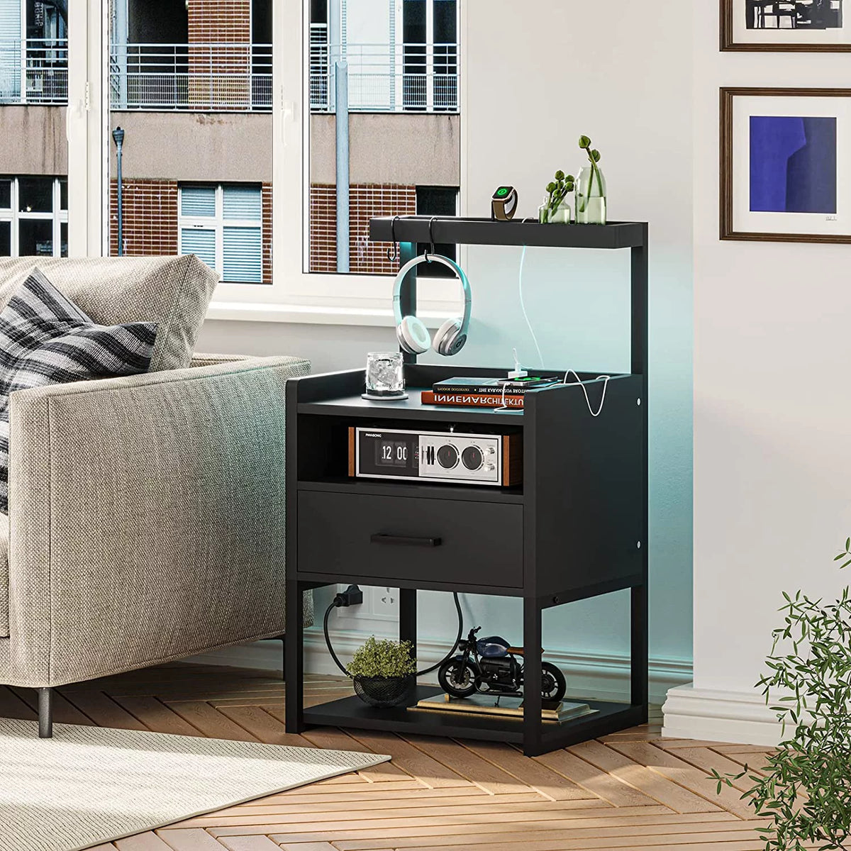 Black Set of 2 LED Nightstand with Charging Station and 1 Drawer X5541