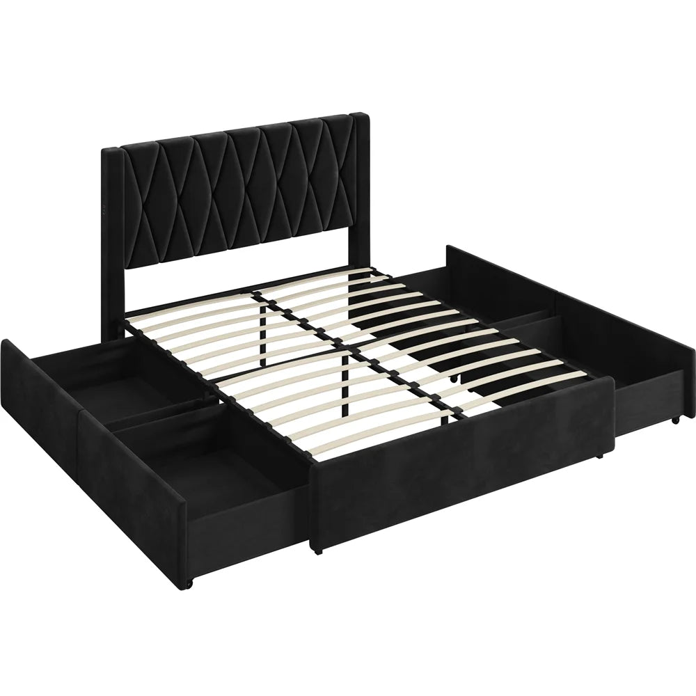 Black Full Upholstered Bed with 4 Storage Drawers H7470