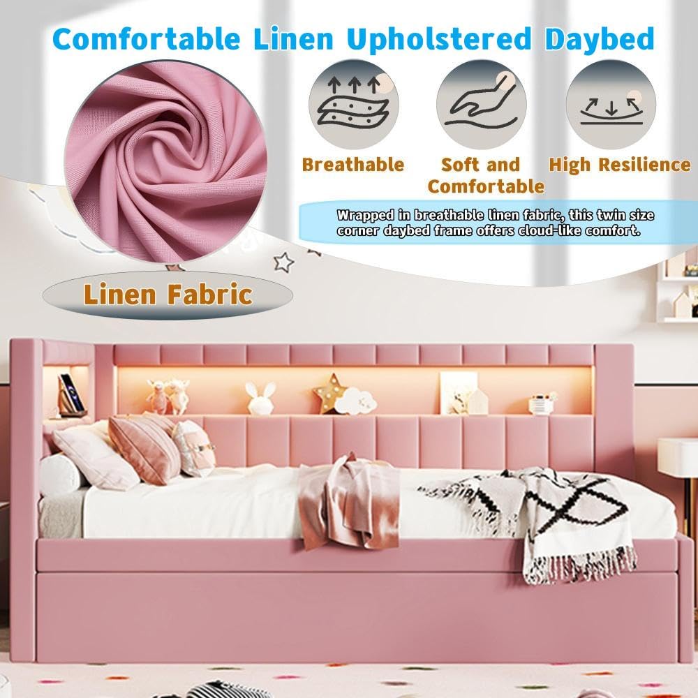 Twin Size Linen Fabric Daybed with Trundle and USB Ports R340