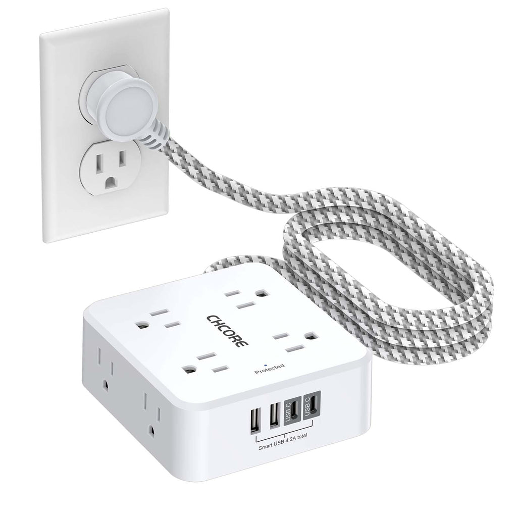 5Ft Braided Extension Cord Power Strip with 8 Outlets and 4 USB Ports, White W1257