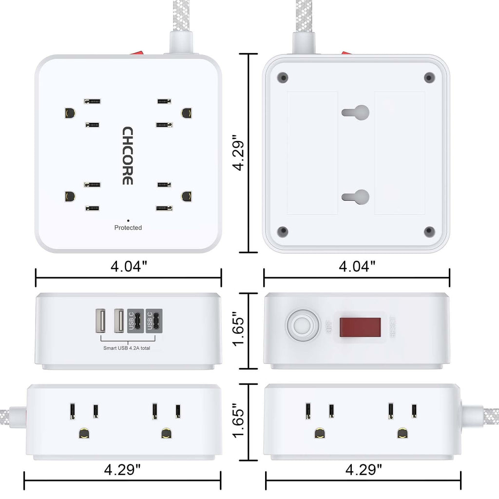 5Ft Braided Extension Cord Power Strip with 8 Outlets and 4 USB Ports, White W1257