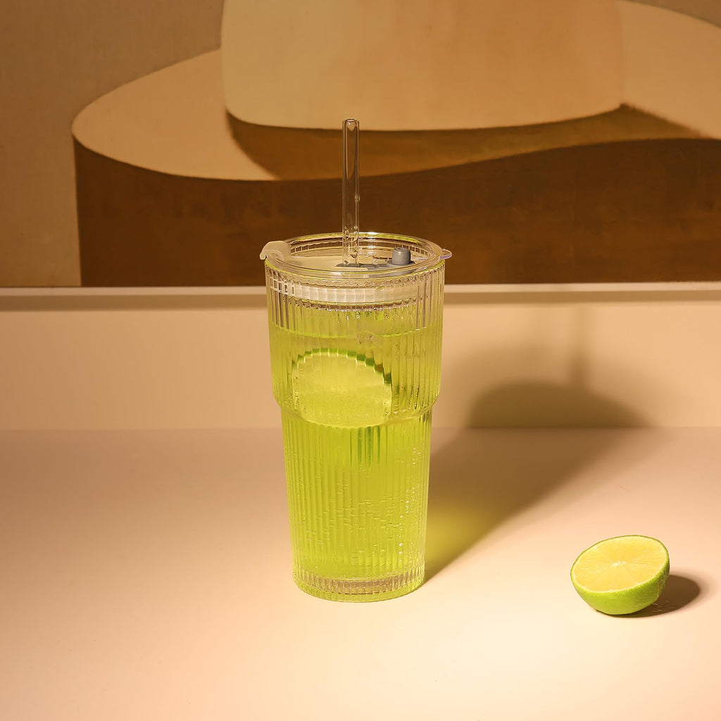 Set of 2 Ribbed Glass Tumbler with Lids and Straws Y65516