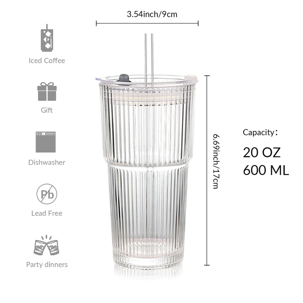 Set of 2 Ribbed Glass Tumbler with Lids and Straws Y65516