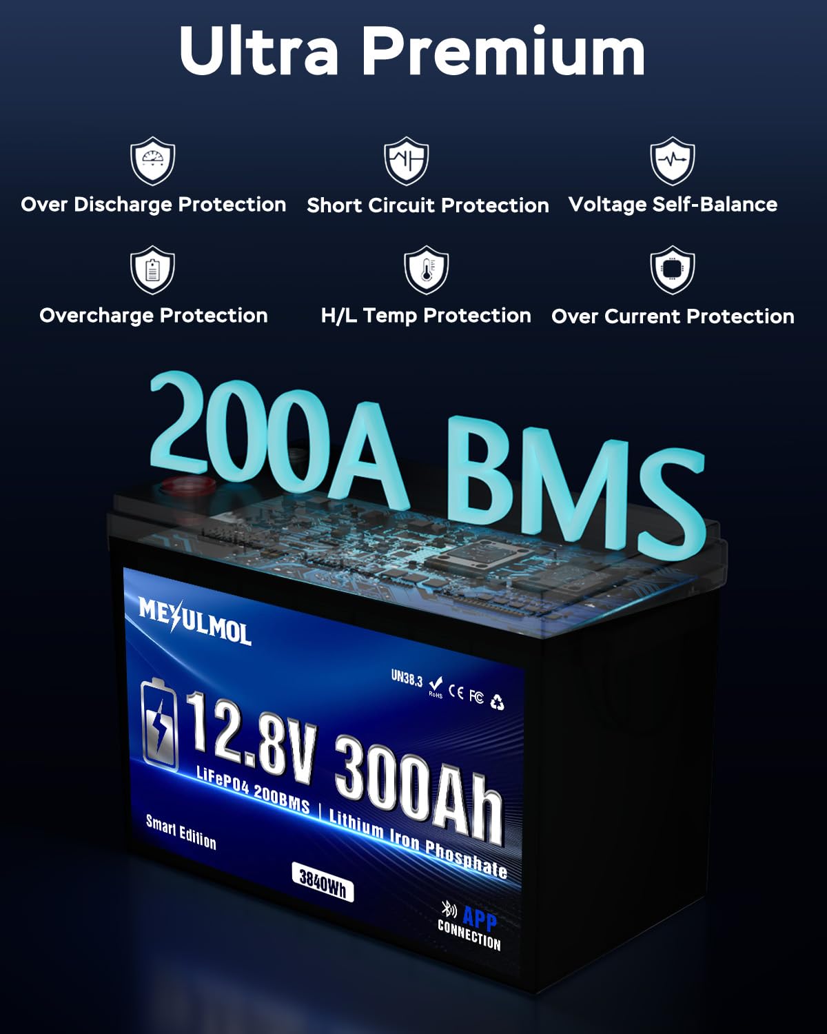 12V 300Ah LiFePO4 Lithium Battery with 200A BMS S5969