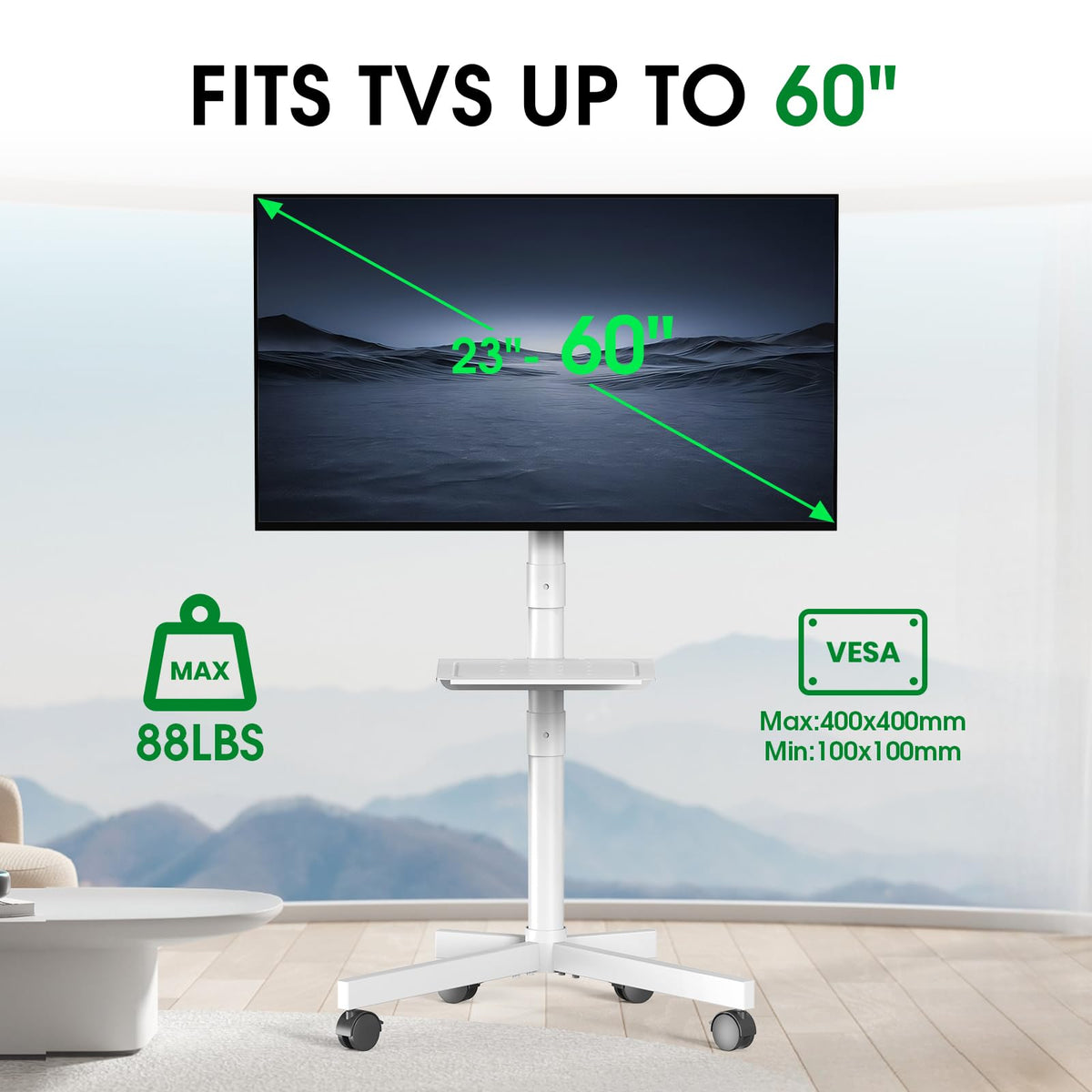 White Rolling TV Stand with Wheels S198