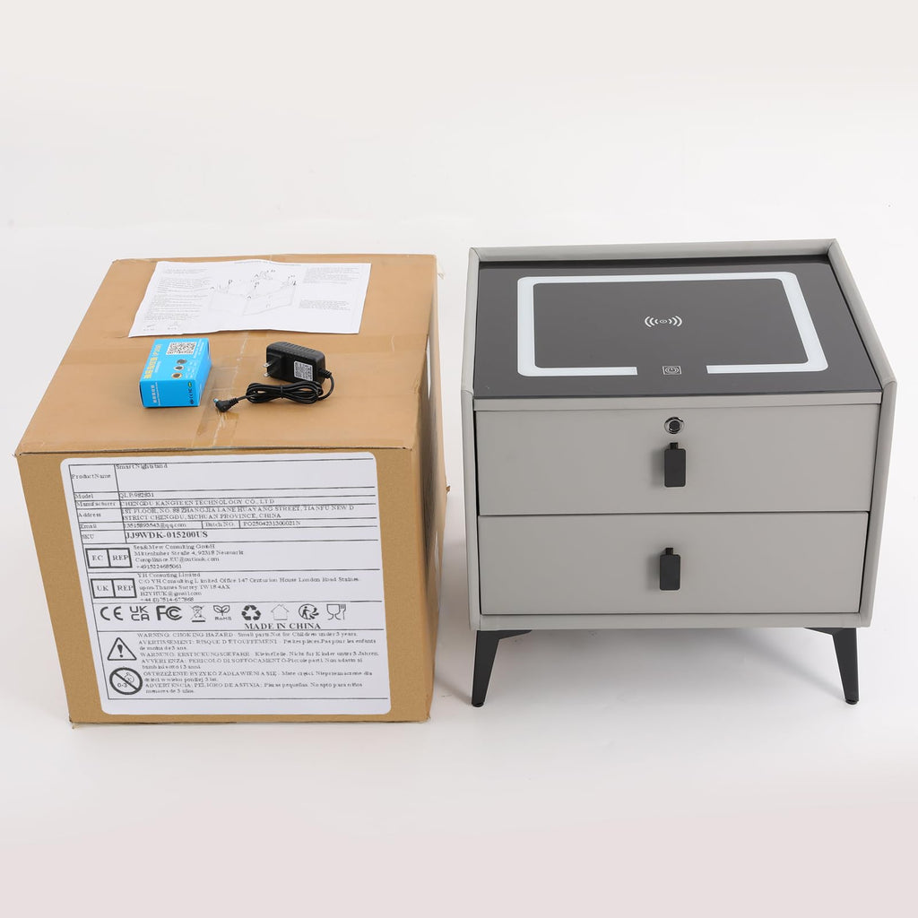 Light Gray 2 Drawer LED Nightstand with Wireless Charging X924