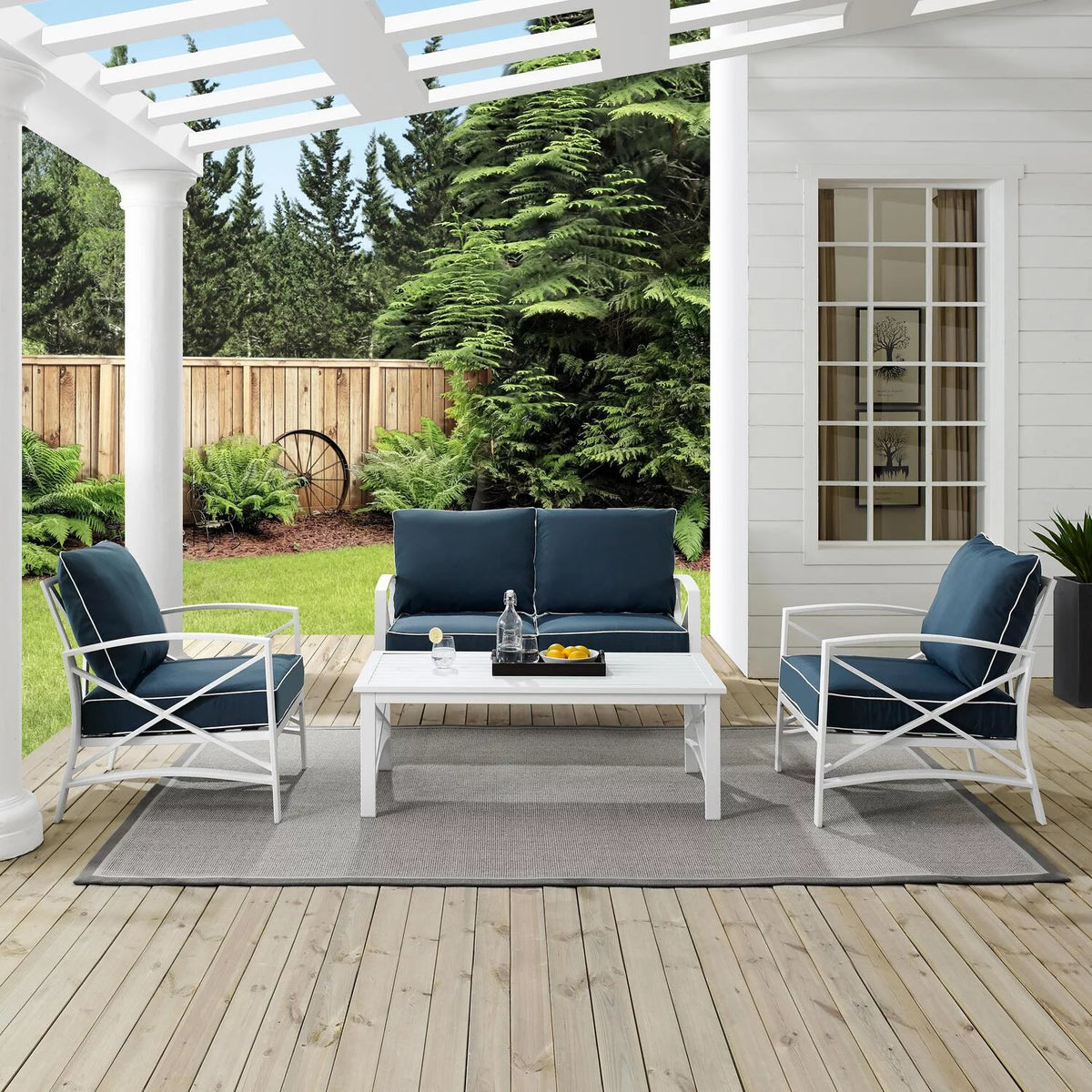 4 Pc Outdoor Metal Conversation Set Navy White A733