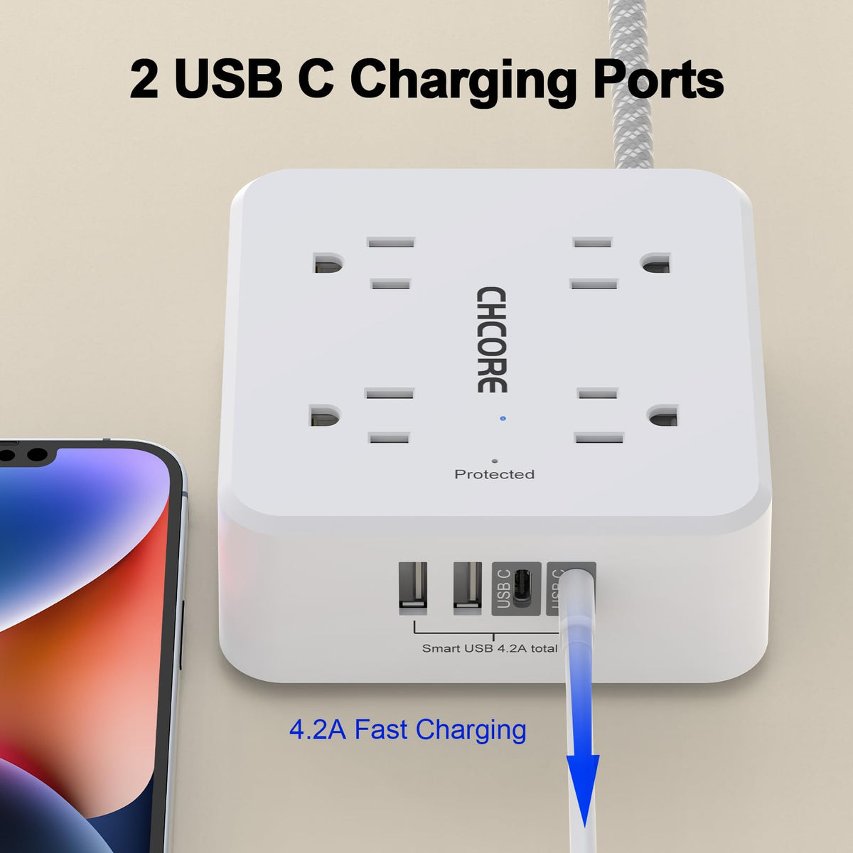 5Ft Braided Extension Cord Power Strip with 8 Outlets and 4 USB Ports, White W1257
