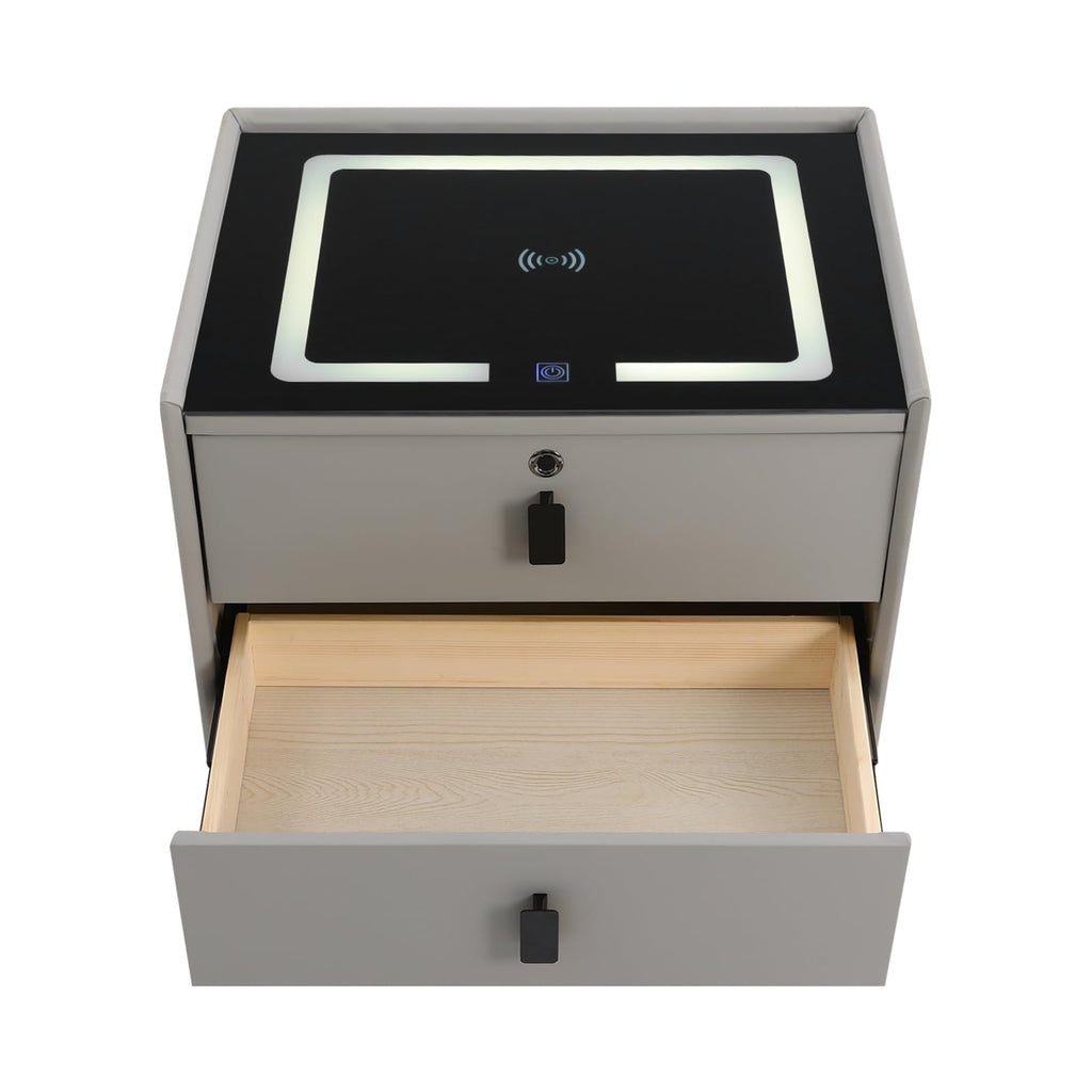 Light Gray 2 Drawer LED Nightstand with Wireless Charging X924