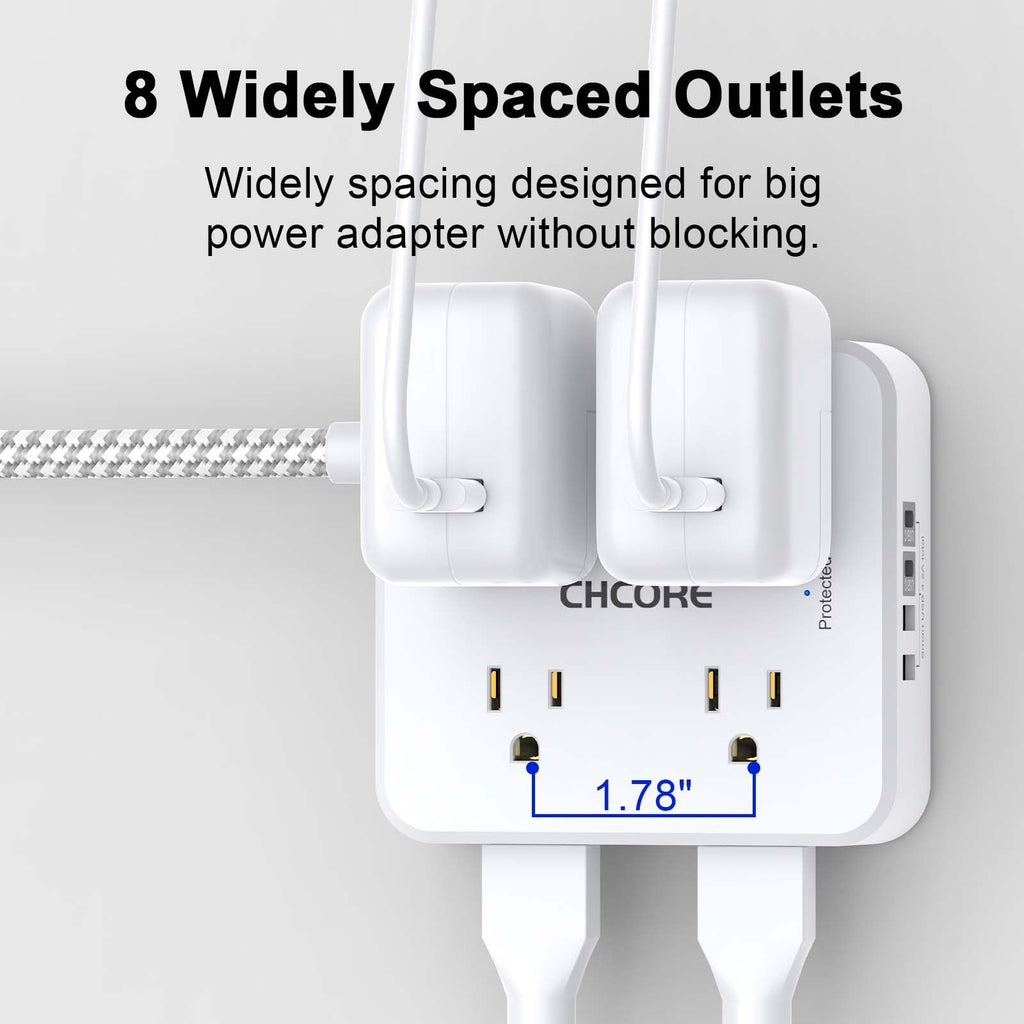 5Ft Braided Extension Cord Power Strip with 8 Outlets and 4 USB Ports, White W1257