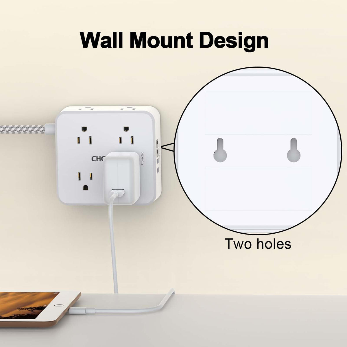 5Ft Braided Extension Cord Power Strip with 8 Outlets and 4 USB Ports, White W1257