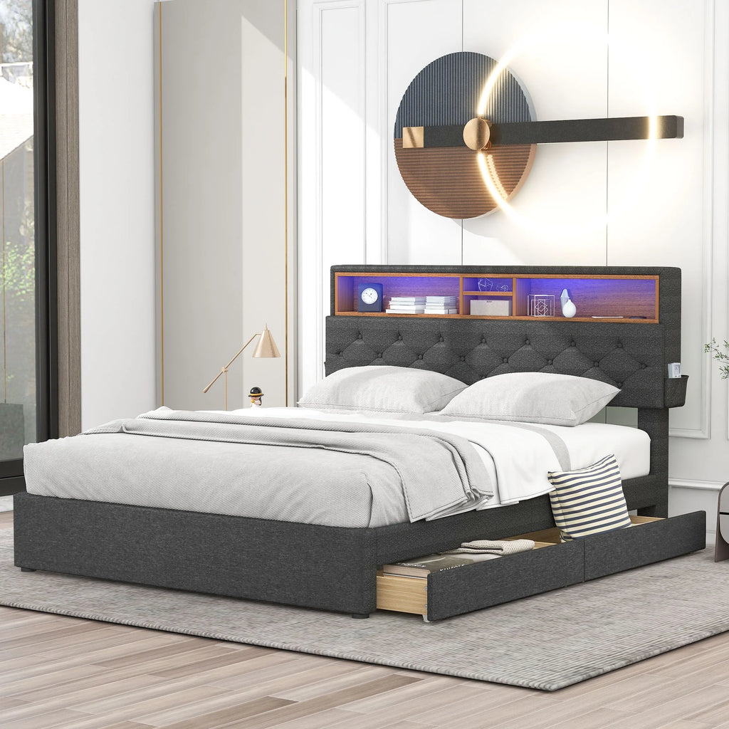 Upholstered Full Platform Bed with Shelf and 2 Drawers L983213