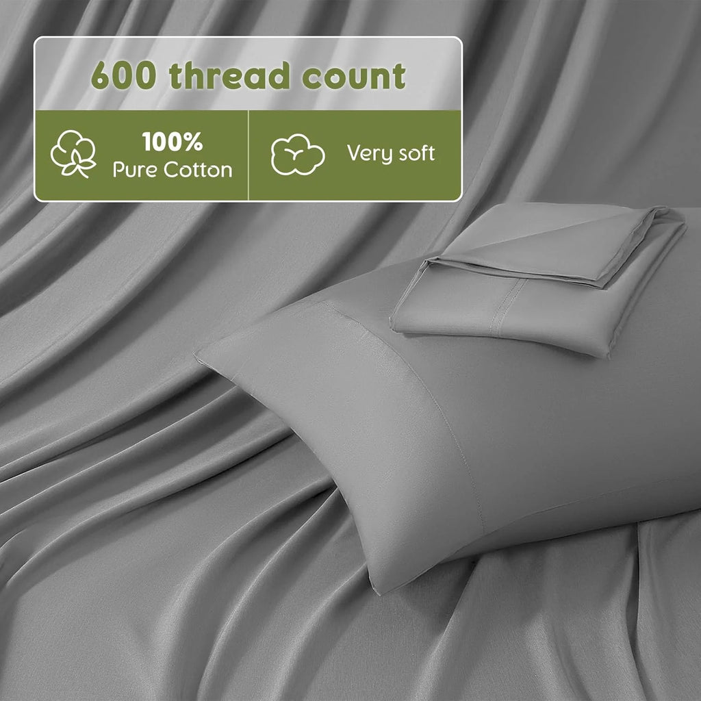 King Size 600 Thread Count Cotton Bed Sheet Set 4 PC Grey A1406