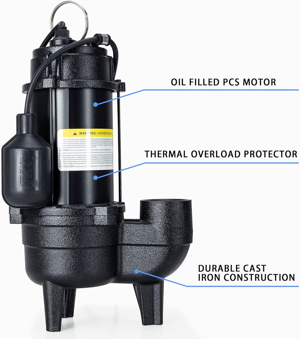 Cast iron submersible sewage pump with 10 ft. piggy back tether float switch F590