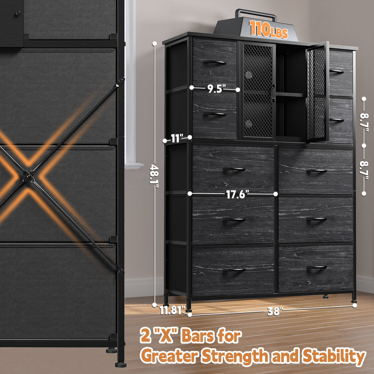 Black 10 Drawer Fabric Dresser with Cabinet E838094