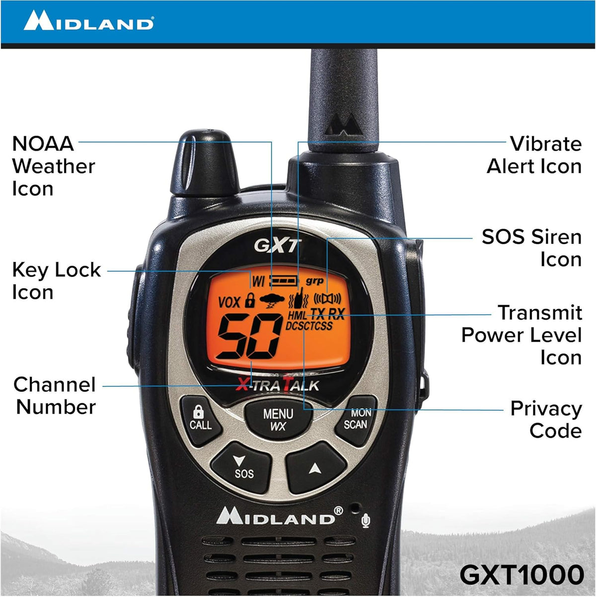 GMRS Two Way Radio with NOAA Weather Scan and Alert, 50 Channels, 10 Radios K478240
