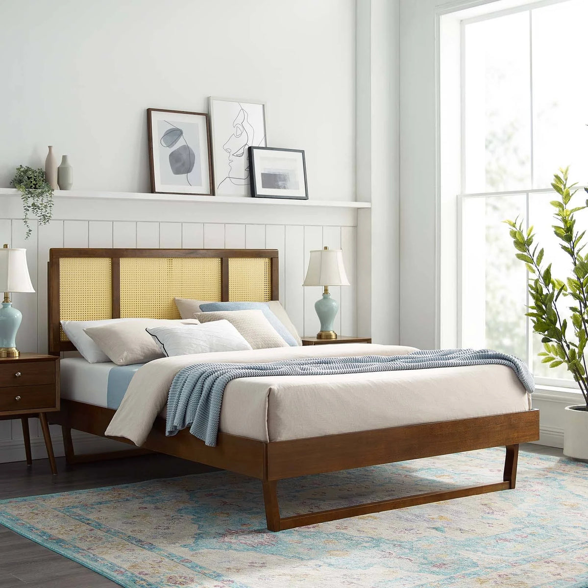 Walnut Full Platform Bed with Angular Legs X229228
