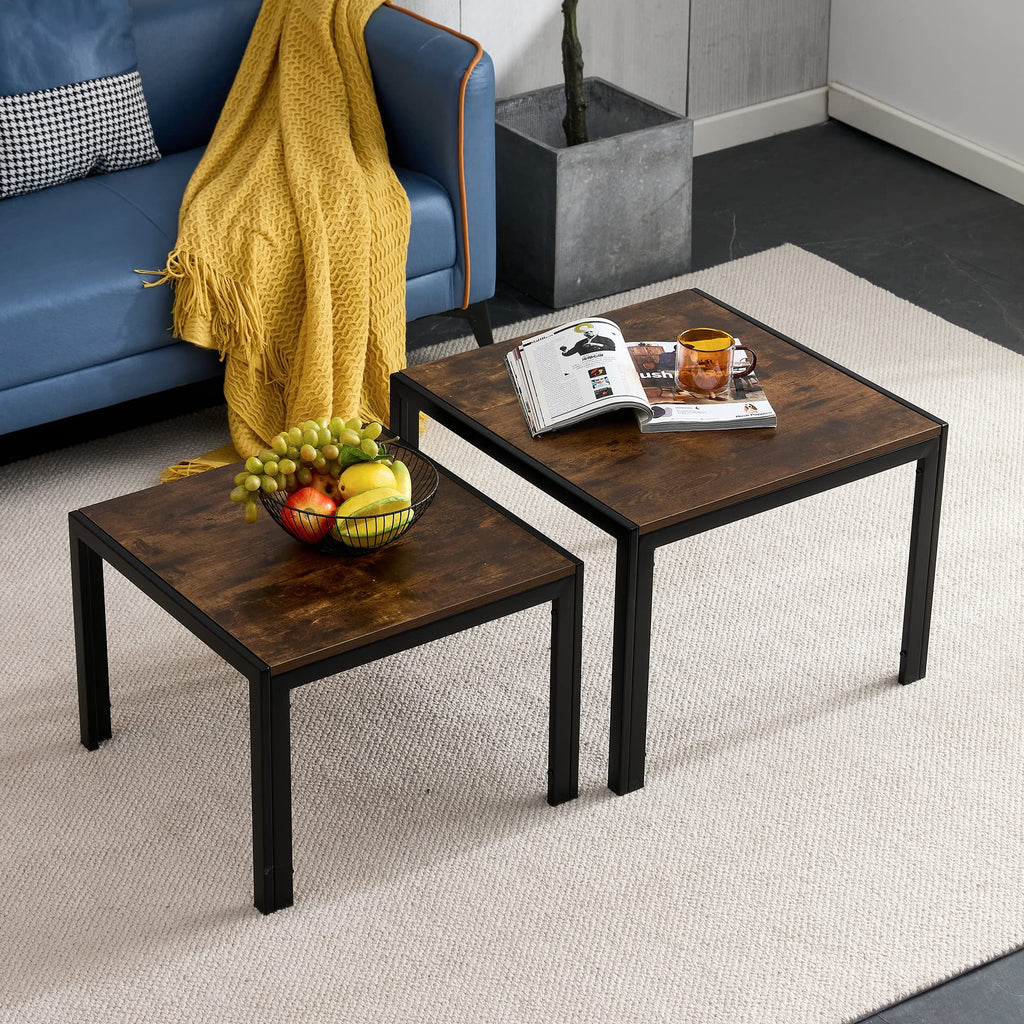 Square Nesting Coffee Table Set of 2 Wood Finish Metal Frame S201567