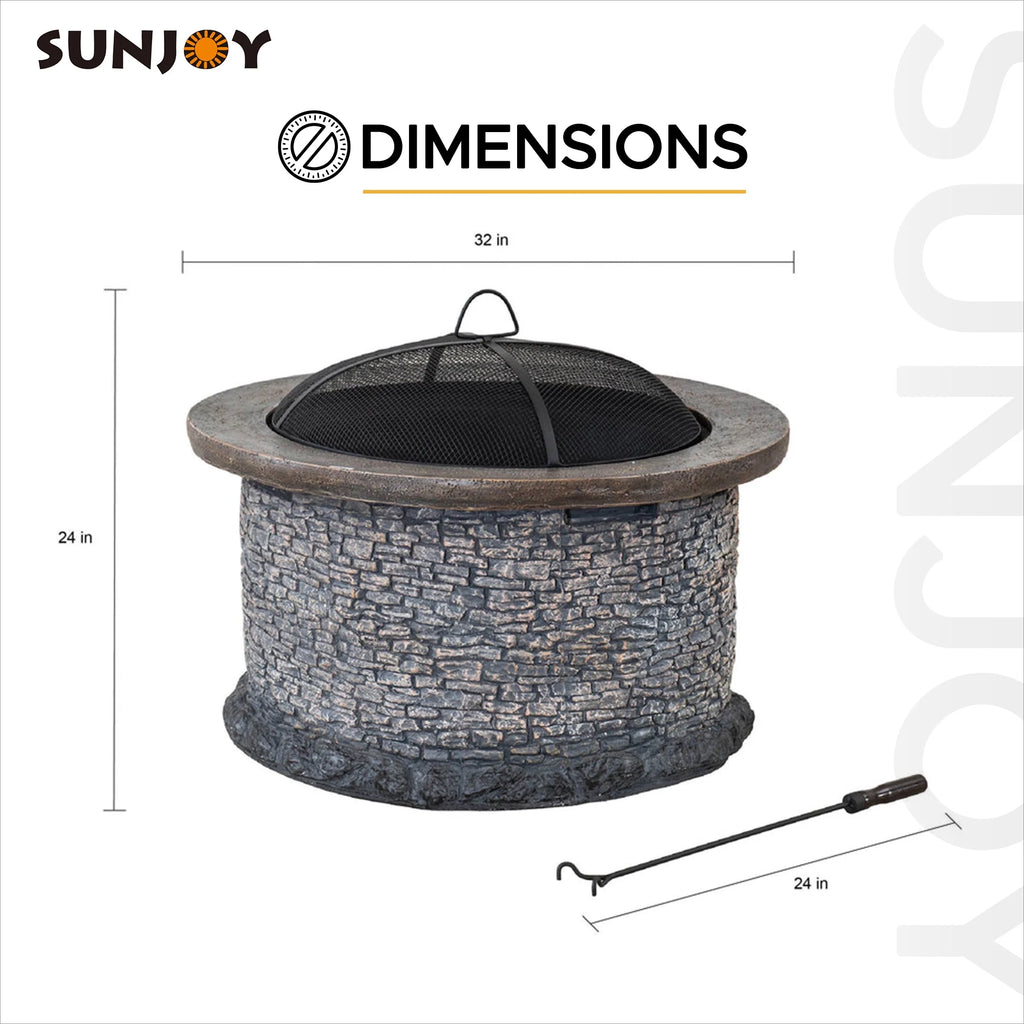 32 in. Stone Wood Burning Fire Pit with Steel Mesh Spark Screen and Fire Poker B1536