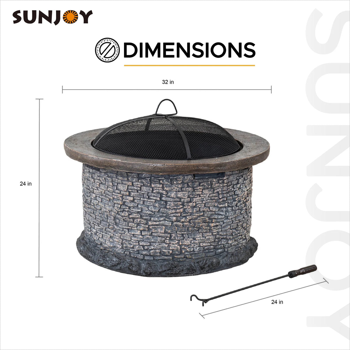 32 in. Stone Wood Burning Fire Pit with Steel Mesh Spark Screen and Fire Poker B1536