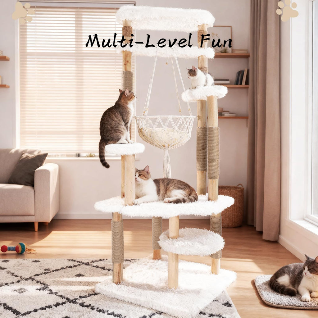 70" Tall Natural Solid Wooden Cat Tree Tower with Scratch Posts Y817