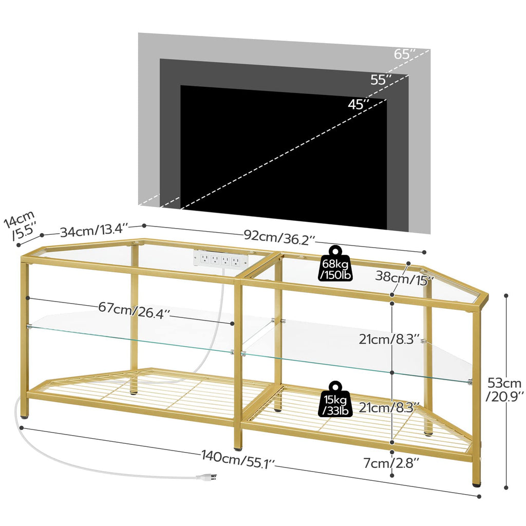 Corner TV Stand with Power Outlet, 55" Tempered Glass G154719