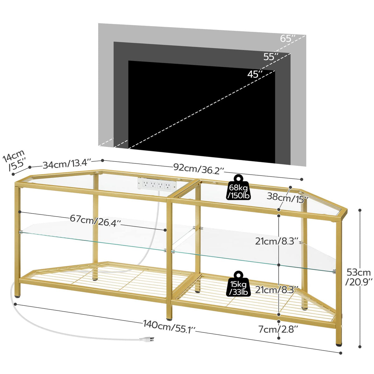 Corner TV Stand with Power Outlet, 55" Tempered Glass G154719