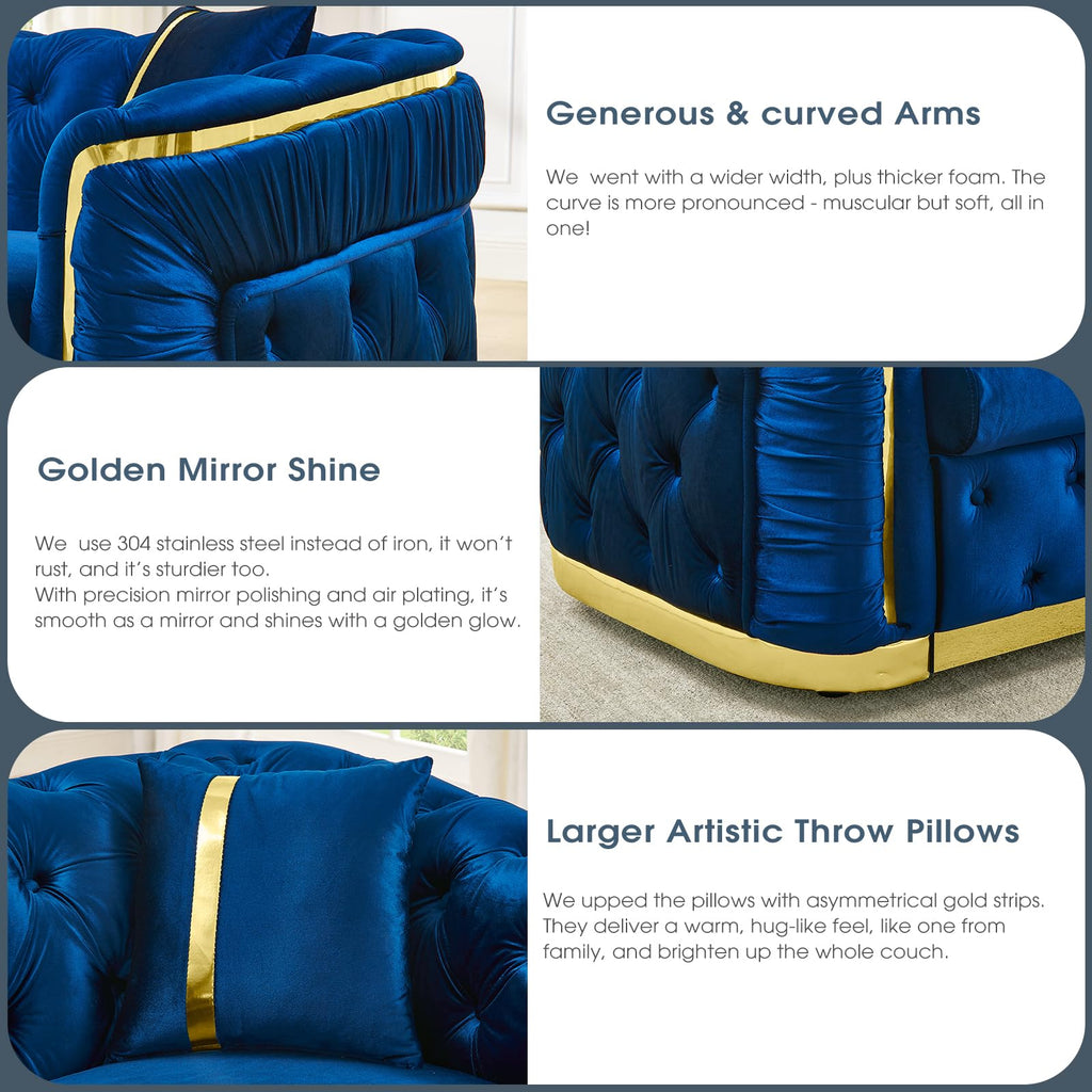 Blue and Gold Velvet Button Tufted Loveseat Sofa H49047