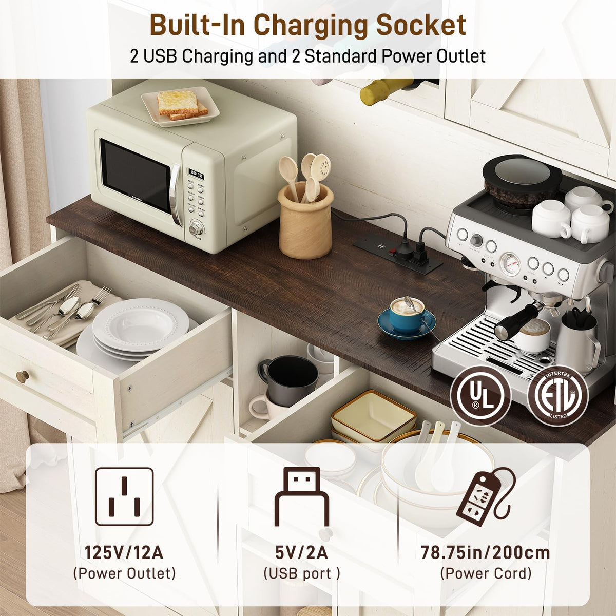 White Kitchen Pantry Storage Cabinet with Power Outlets and Two Drawers X18964