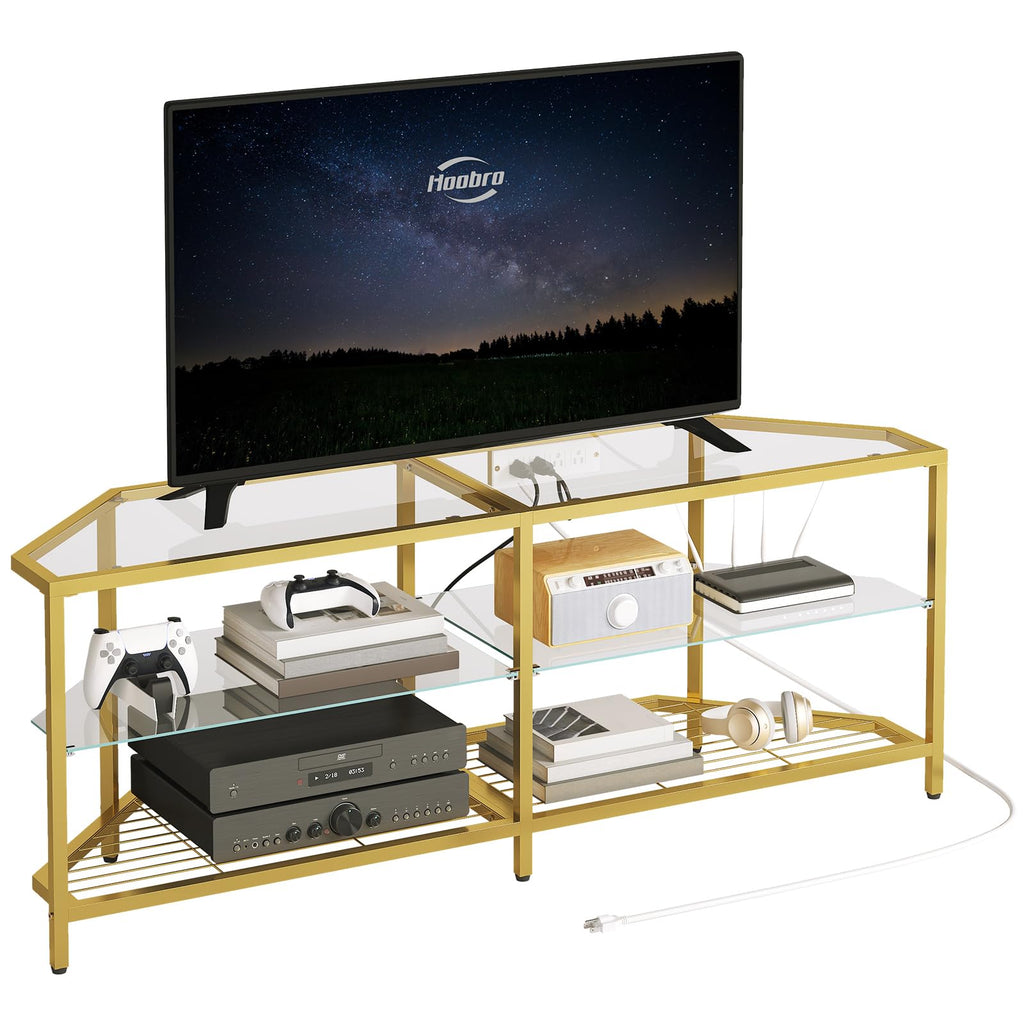 Corner TV Stand with Power Outlet, 55" Tempered Glass G154719